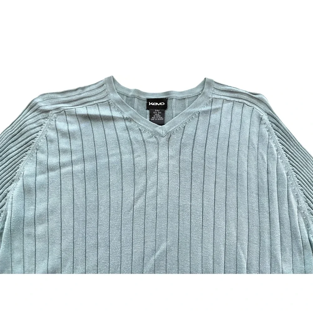 Kevo Sweater‎ Mens Large Blue 2-Ply 100% Silk Ribbed V Neck Pullover Lightweight - Picture 10 of 16